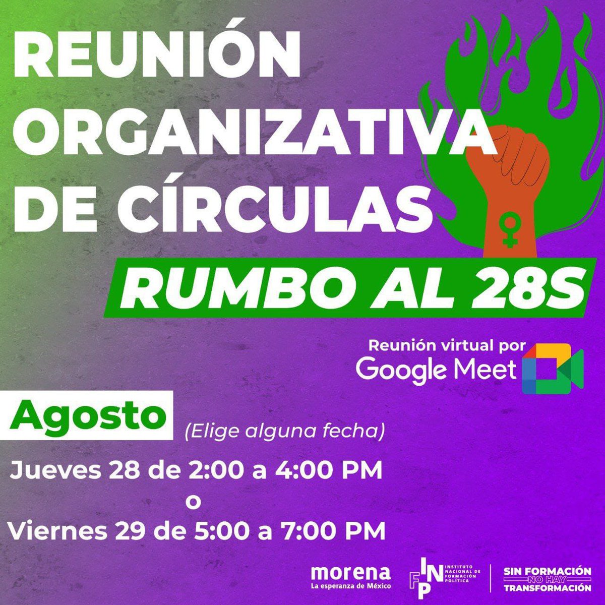 💚💜Mujeres combativas y de izquierda rumbo al #28S🧡🔥
Súmate desde tu barrio, colonia o comunidad a las círculas de estudio por nuestros derechos sexuales y reproductivos.
🟣Reuniones virtuales:
📅Jue 28 ago,2pm
📅Vie 29 ago,5pm
📍Google Meet
✍️ Regístro:forms.gle/LRWtvHJiBaaY4B…