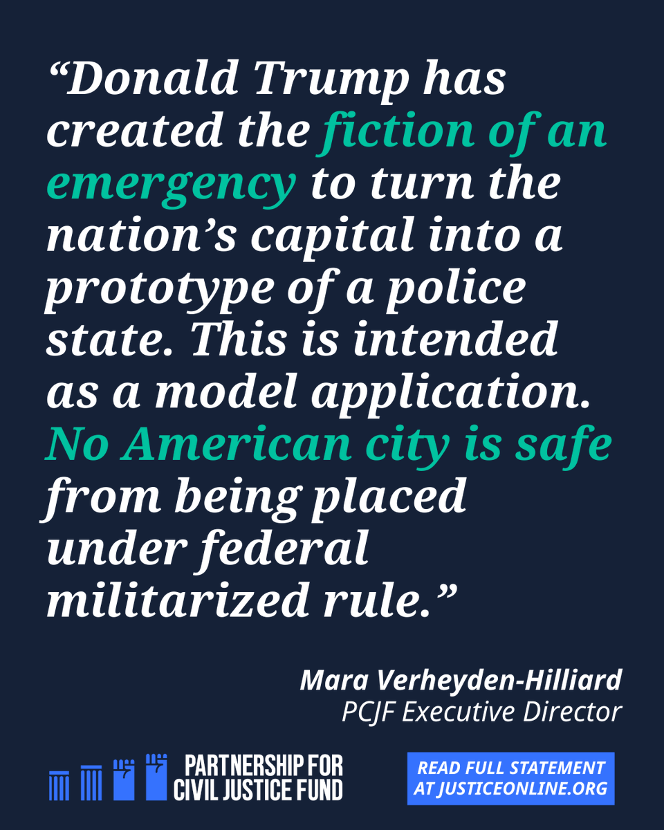 ThePCJF's tweet image. Trump's just-issued EO directing the DoD to create a specialized National Guard unit as an occupying force in D.C. deputized to carry out law enforcement is not about "public safety." This is the march to militarize America's cities, destroying and subverting democracy.