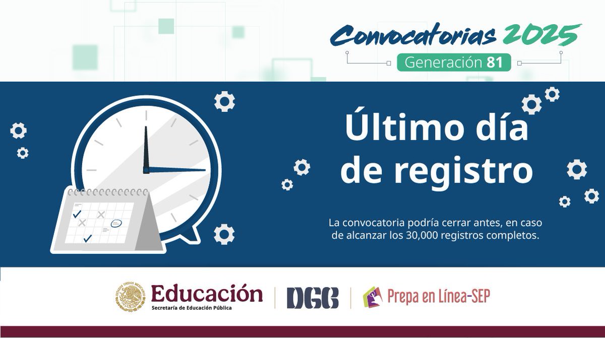 Antes de que termine el día, realiza tu registro en la convocatoria. ✅

Impulsa tu meta e ingresa a prepaenlinea.sep.gob.mx/convocatorias-…

#Convocatorias2025PLSEP