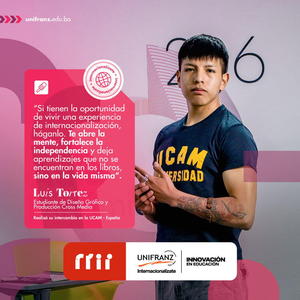 Luís, estudiante de #DiseñoGráficoyProducciónCrossmedia de #UnifranzElAlto que cursó un semestre en la UCAM Universidad Católica San Antonio de Murcia , resume así su experiencia de internacionalización.
Conoce más - unifranz.edu.bo/.../experienci…
#Unifranz #UnifranzElAlto #ElAlto