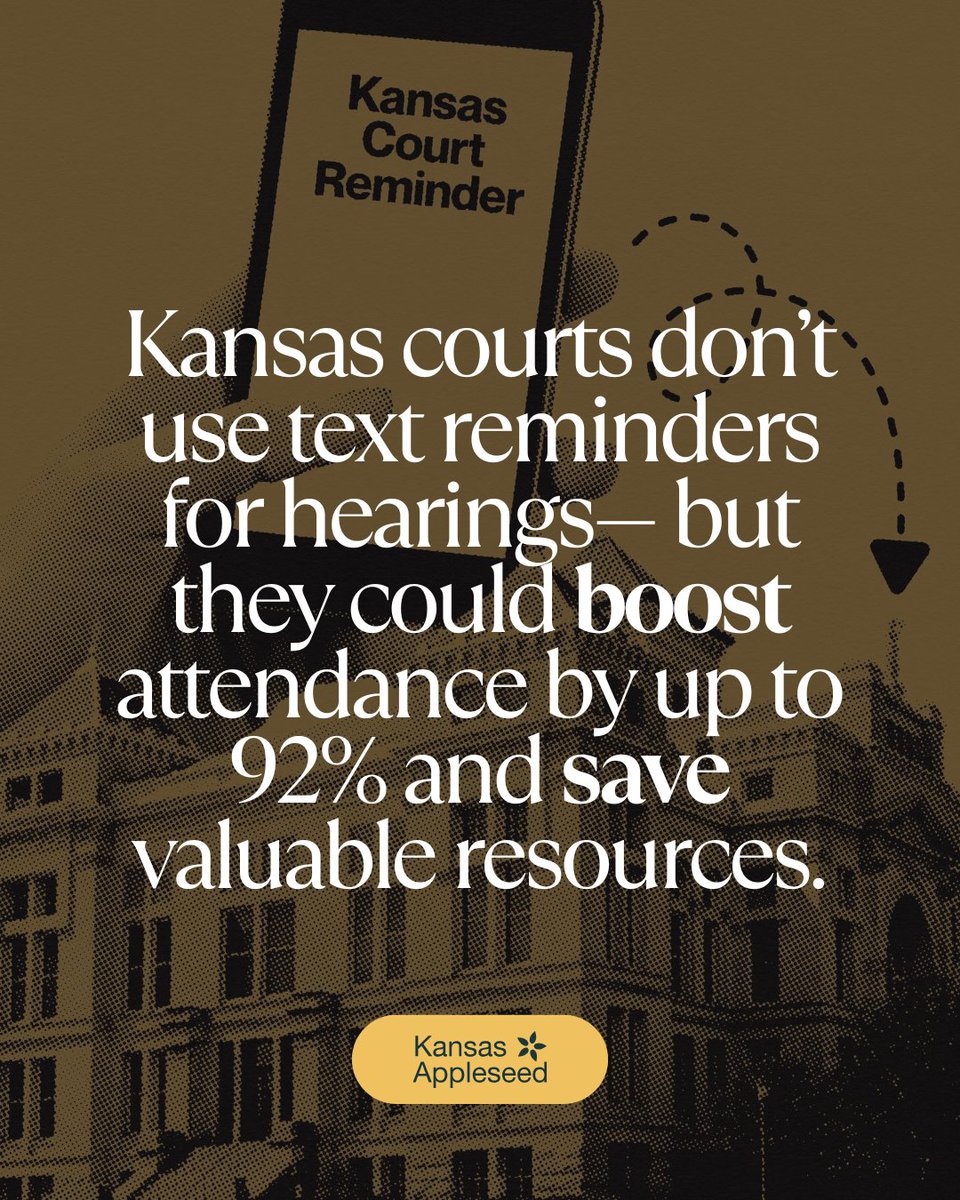 Court text reminders are a tool that could enhance our court systems, yet Kansas is one of many states still not using them. Research shows it can improve court appearances by as much as 92% &amp; serve as a proactive solution to a widespread issue affecting both individuals &amp; courts