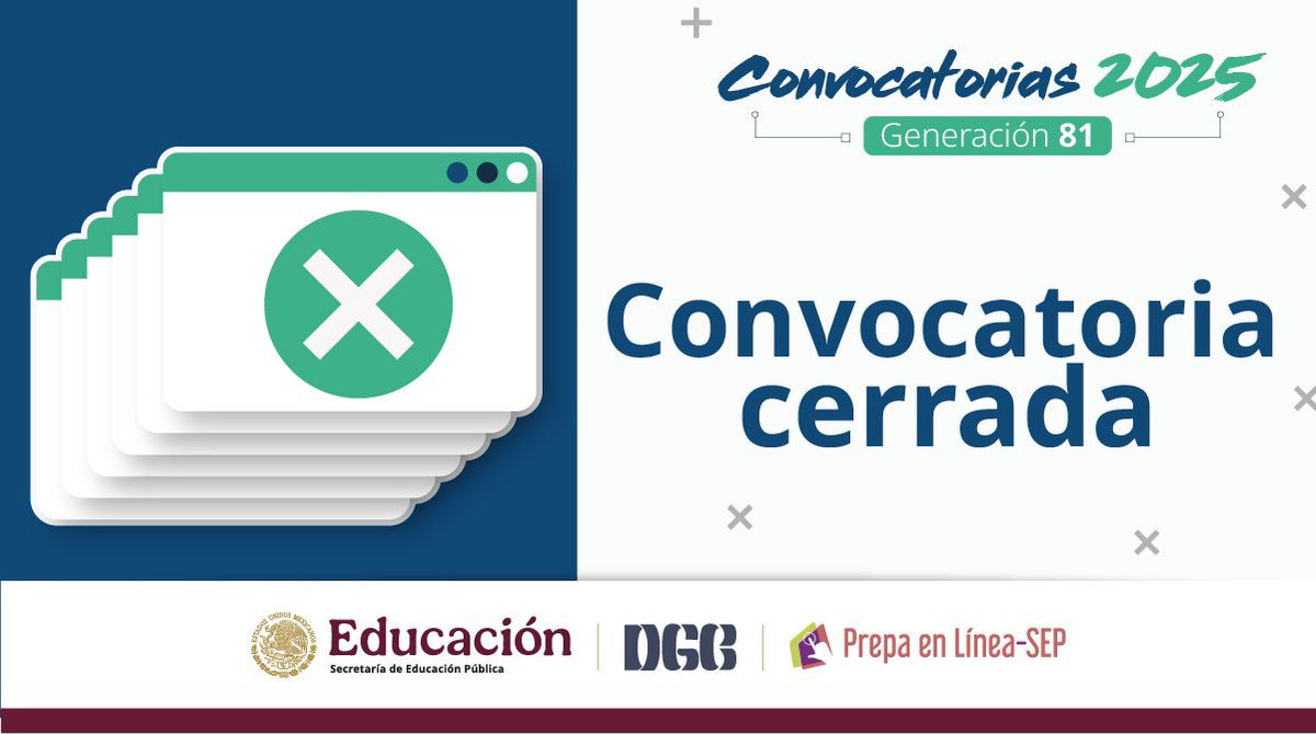 🔴 Convocatoria cerrada.

Si no lograste finalizar tu registro, mantente al pendiente de las futuras emisiones en nuestro portal. 👇

prepaenlinea.sep.gob.mx/convocatorias-…

#PrepaEnLíneaSEP #VaContigo #Convocatorias2025PLSEP