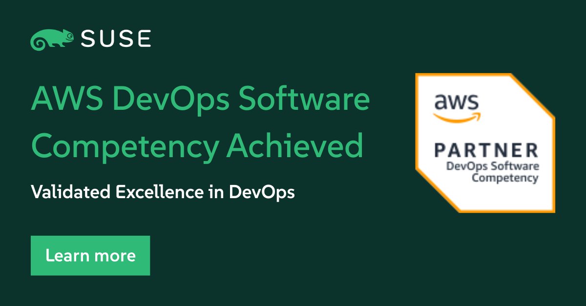 SUSE's tweet image. Big win for #SUSE: we've earned the #AWS DevOps Competency! 🎉
This confirms our ability to streamline CI/CD, boost #DevSecOps, and automate AWS environments.
Faster innovation. Smarter cloud. More confidence. ⚖️🔗 okt.to/mad9eJ
#AWS #DevOps #CloudComputing #SUSE