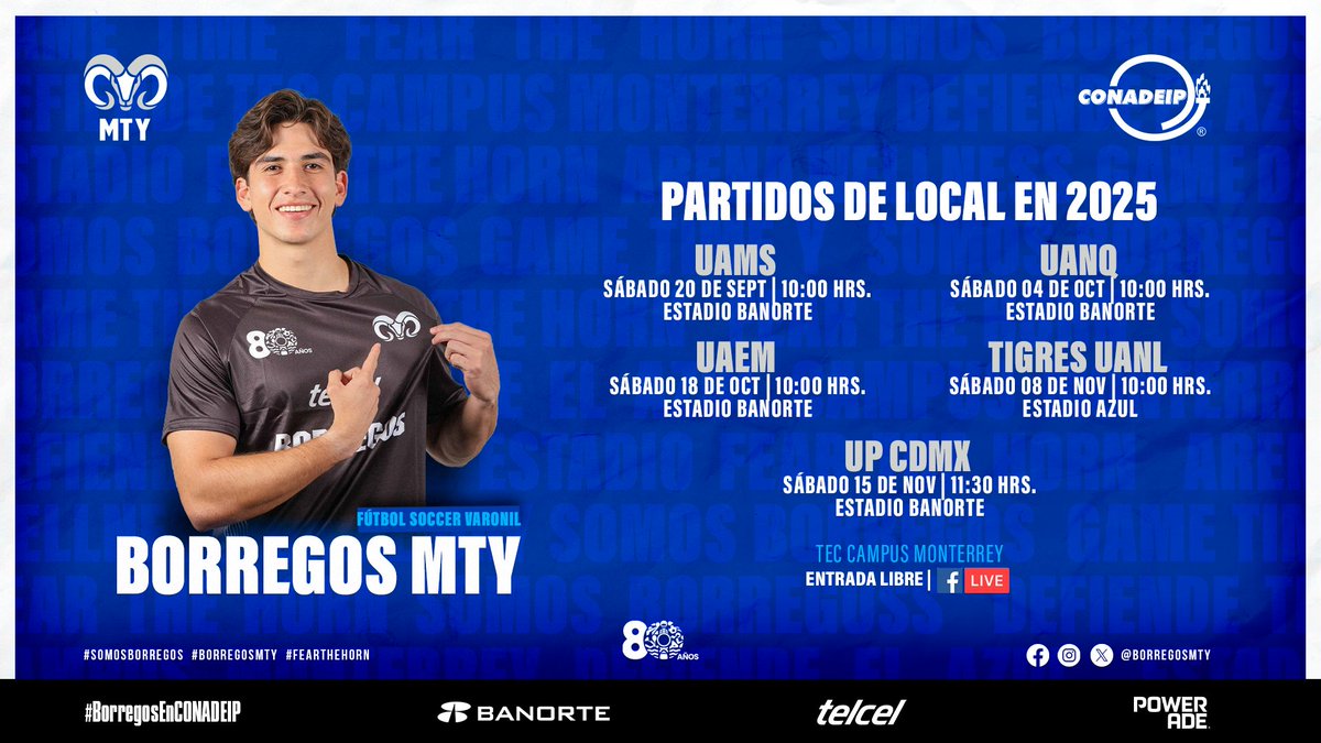 Borregos Monterrey (@borregosmty) on Twitter photo SEASON KICK-OFF 🐏☄️
Los CAMPEONES invictos de la <a href="/CONADEIPmx/">CONADEIP México</a> 🏆 están listos para comenzar con sus partidos de local.🏟️
¡Revisa el calendario 2025🗓️ de soccer varonil y acompañalos en su camino en busca del BIcampeonato!🏟️🐏
#BorregosMty #DefiendeElAzul #BorregosEnCONADEIP SEASON KICK-OFF 🐏☄️
Los CAMPEONES invictos de la <a href="/CONADEIPmx/">CONADEIP México</a> 🏆 están listos para comenzar con sus partidos de local.🏟️
¡Revisa el calendario 2025🗓️ de soccer varonil y acompañalos en su camino en busca del BIcampeonato!🏟️🐏
#BorregosMty #DefiendeElAzul #BorregosEnCONADEIP