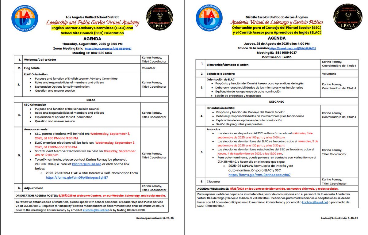 SLPSVA's tweet photo. Join Our SSC &amp; ELAC Orientation!
Parents, students, and staff—you’re invited!
Be part of our School Site Council (SSC) and English Learner Advisory Council (ELAC).
Thursday, August 28th, 4:00 p.m.
Zoom Link: https://t.co/Sy0qWYrjDX
Zoom ID: 884 1689 6037 https://t.co/rviOo2n0NO