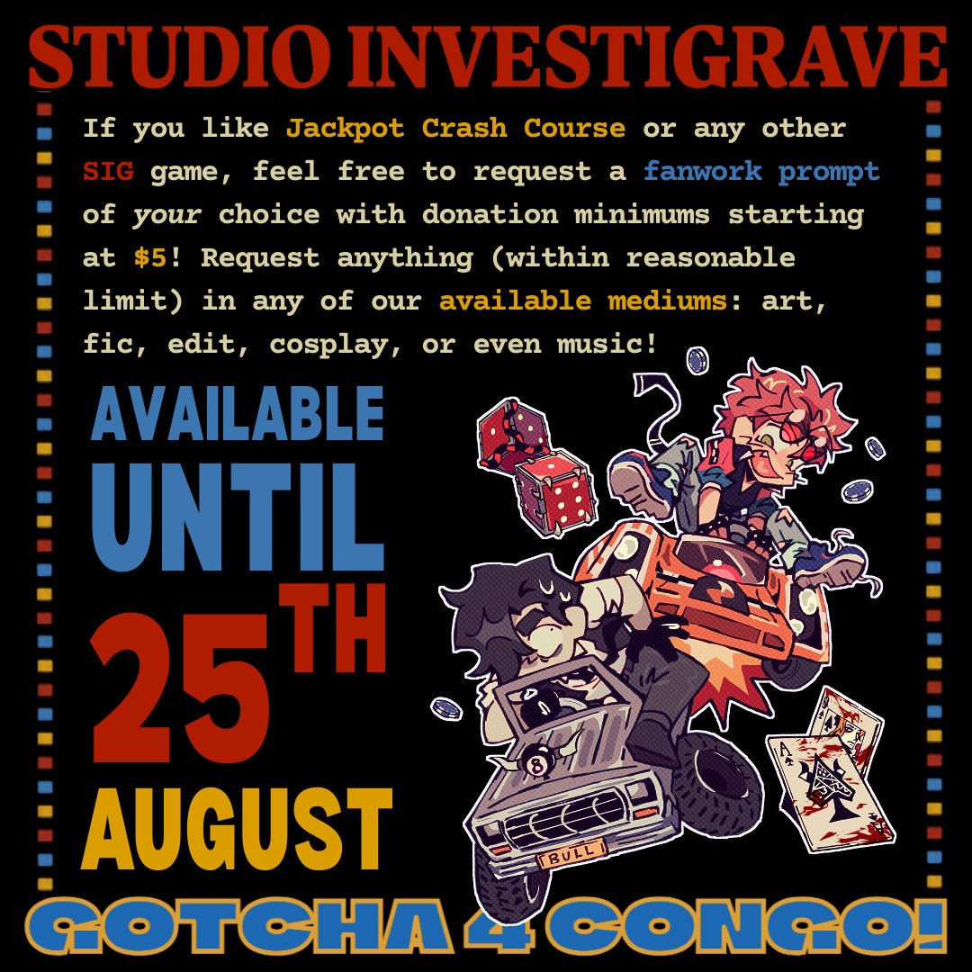 Calling ALL 🪦#StudioInvestigrave👻 fans: THIS IS THE LAST DAY TO DONATE TO THE G4C!! For a small donation, get YOUR prompt turned into art, fics, etc, by any of our talented creators! 
📌 Link to donor form in pinned!
#jackpotcrashcourse