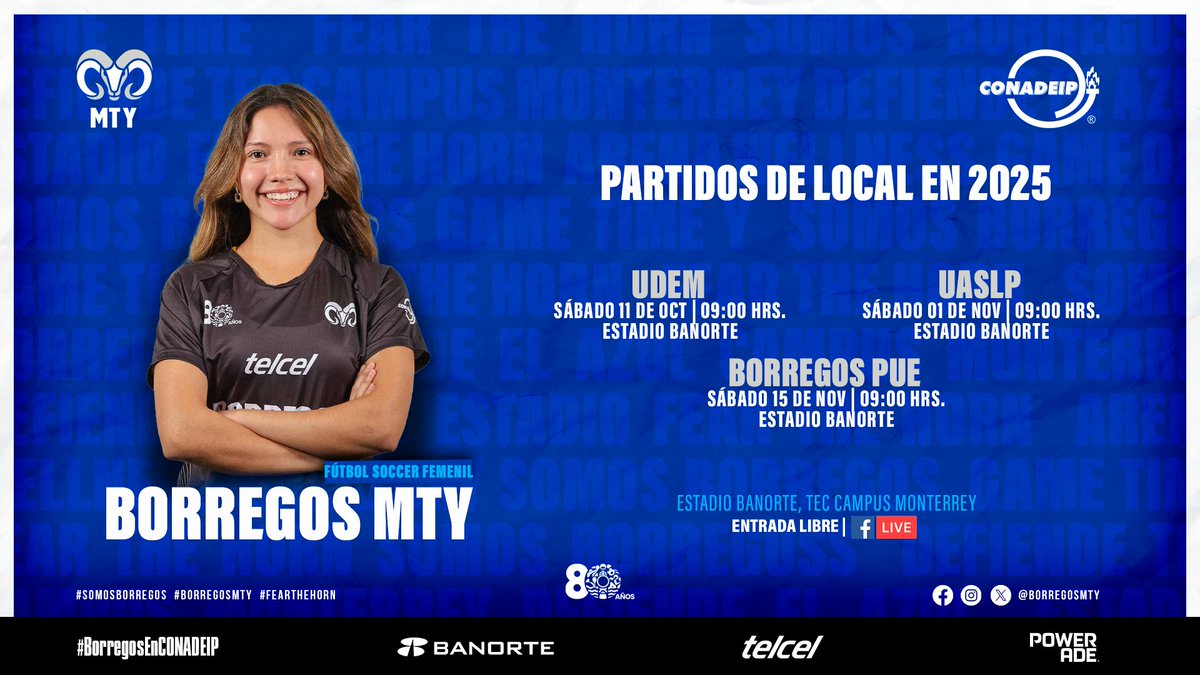 Borregos Monterrey (@borregosmty) on Twitter photo THEY'RE BACK!!⚽️🔥
Las TETRAcampeonas de la <a href="/CONADEIPmx/">CONADEIP México</a> 🏆 tienen la mirada fija en su próximo campeonato.🌟
Revisa el calendario🗓️ de juegos de local🏟️ y acompáñalas en su camino al triunfo.💪
#BorregosMty #DefiendeElAzul #BorregosEnCONADEIP #soccer THEY'RE BACK!!⚽️🔥
Las TETRAcampeonas de la <a href="/CONADEIPmx/">CONADEIP México</a> 🏆 tienen la mirada fija en su próximo campeonato.🌟
Revisa el calendario🗓️ de juegos de local🏟️ y acompáñalas en su camino al triunfo.💪
#BorregosMty #DefiendeElAzul #BorregosEnCONADEIP #soccer