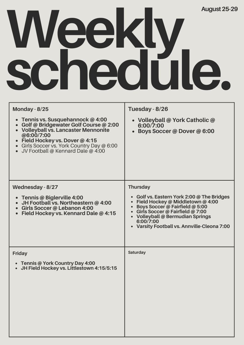 Athletic Schedule 8/25 - 8/29 #GONIGHTHAWKS!!!