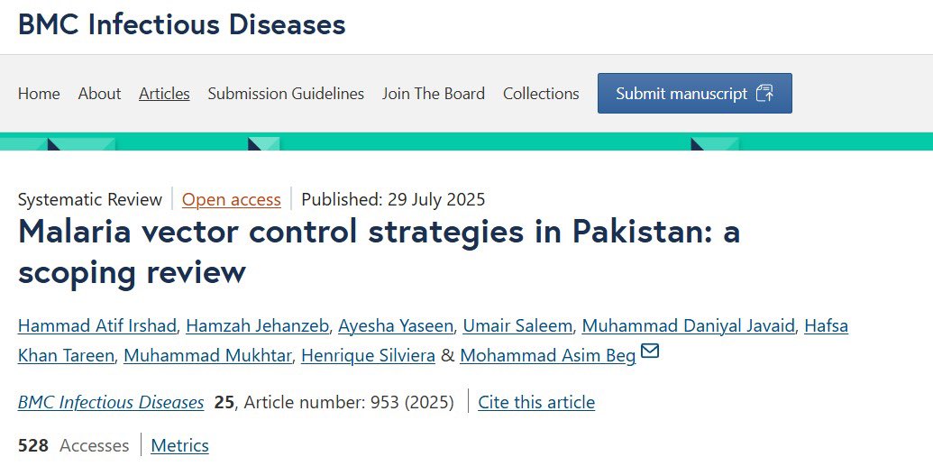 Daniyal__Javaid's tweet image. Proud to share the first study from Pakistan on vector control, tackling what remains the central challenge in malaria control.
Our work highlights the role of vector control & the importance of infectious disease reporting in public health.
🔗 bmcinfectdis.biomedcentral.com/articles/10.11…