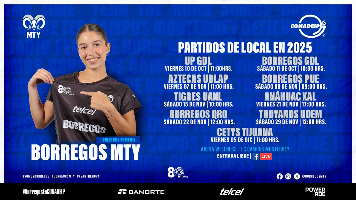 Borregos Monterrey (@borregosmty) on Twitter photo NEW SEASON IS HERE!!✨
No te pierdas de los próximos enfrentamientos en casa de nuestro equipo de voleibol femenil🏐 rumbo al #FinalFour de la <a href="/CONADEIPmx/">CONADEIP México</a> 🏆
¡Revisa el calendario🗓️ de juegos y defiende el azul junto al equipo!💙
#DefiendeElAzul #BorregosEnCONADEIP NEW SEASON IS HERE!!✨
No te pierdas de los próximos enfrentamientos en casa de nuestro equipo de voleibol femenil🏐 rumbo al #FinalFour de la <a href="/CONADEIPmx/">CONADEIP México</a> 🏆
¡Revisa el calendario🗓️ de juegos y defiende el azul junto al equipo!💙
#DefiendeElAzul #BorregosEnCONADEIP