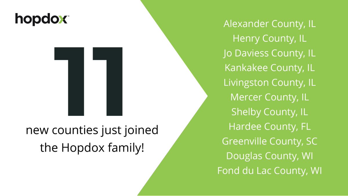 hopdox's tweet image. 11 more counties joined the Hopdox family last week! 
 
New counties are going live with Hopdox each week and we couldn’t be more thrilled. Which county do you want to see go live next?
 
#Hopdox #eRecording #SimplyBetter #CountyRecording #Innovation