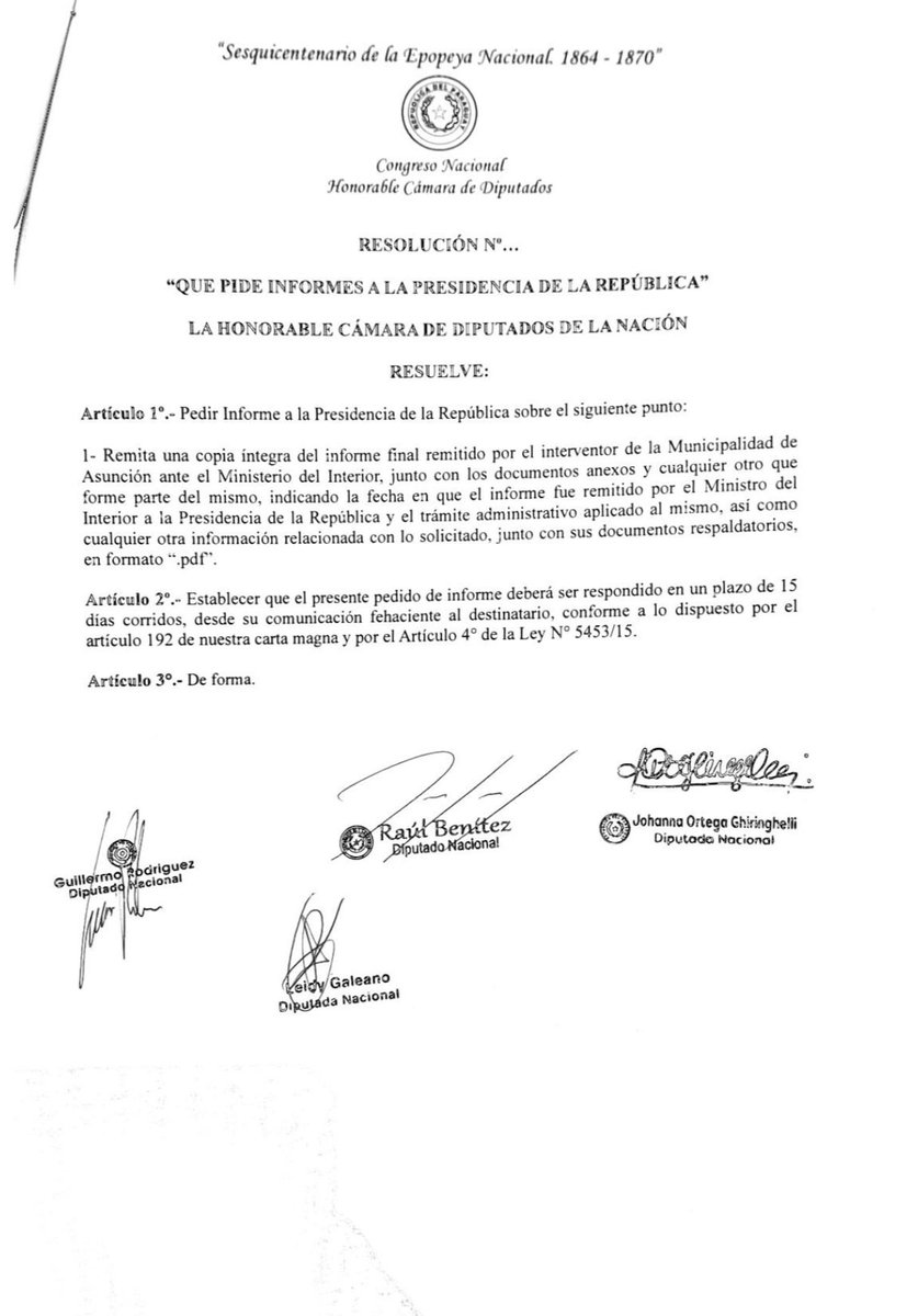 Con varios colegas solicitamos al presidente de la cámara de diputados la convocatoria urgente del ministro Enrique Riera, para que presente el informe de intervención de la Municipalidad de Asunción. 

También, pedidos de informe a presidencia y ministerio del interior.

¡Dejen