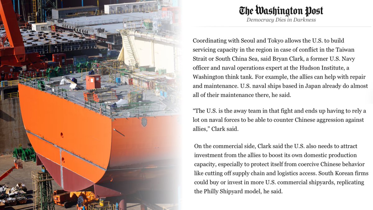 "The US is the away team in that fight and ends up having to rely a lot on naval forces to be able to counter Chinese aggression against allies."

<a href="/clarkdefense/">Bryan Clark</a> in <a href="/washingtonpost/">The Washington Post</a> on the importance of the US-South Korea shipbuilding deal: