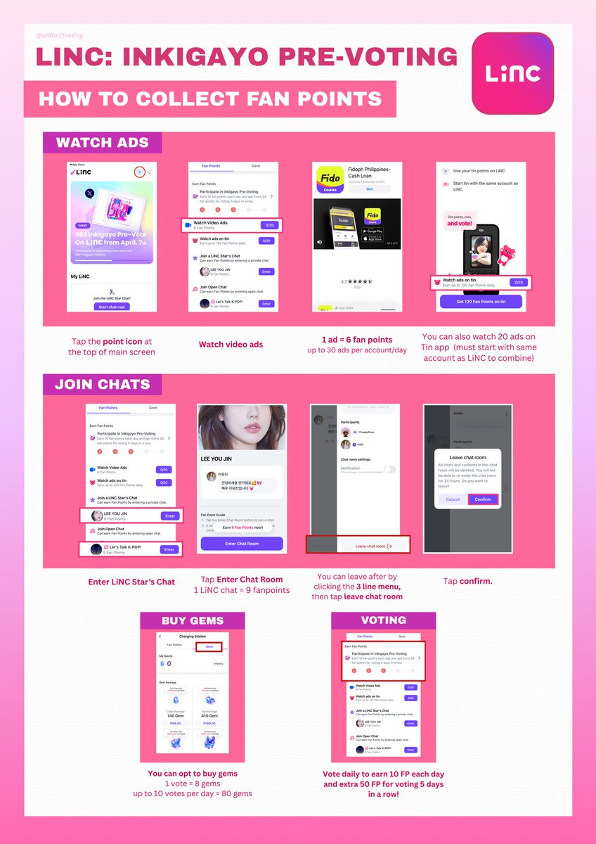 [𝗟𝗜𝗡𝗖]

𝗠𝘂𝘀𝗶𝗰 𝗦𝗵𝗼𝘄: Inkigayo Global Pre-voting (NEW)

🩷 Max. 10 votes per account daily
🩷 1 vote = 30 fan points 

🎯 Collect 1500 fan points per account to vote daily.

𝗧𝗢 𝗗𝗢:
✅ Create as many accounts as you can.
✅ Collect 1500 fan points per account. 

📌
