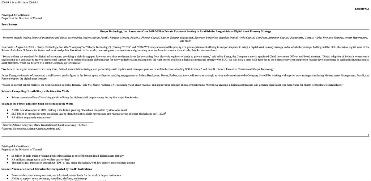 Screenshot of Sharps Technology's press release announcing $400 million private placement for Solana digital asset treasury strategy