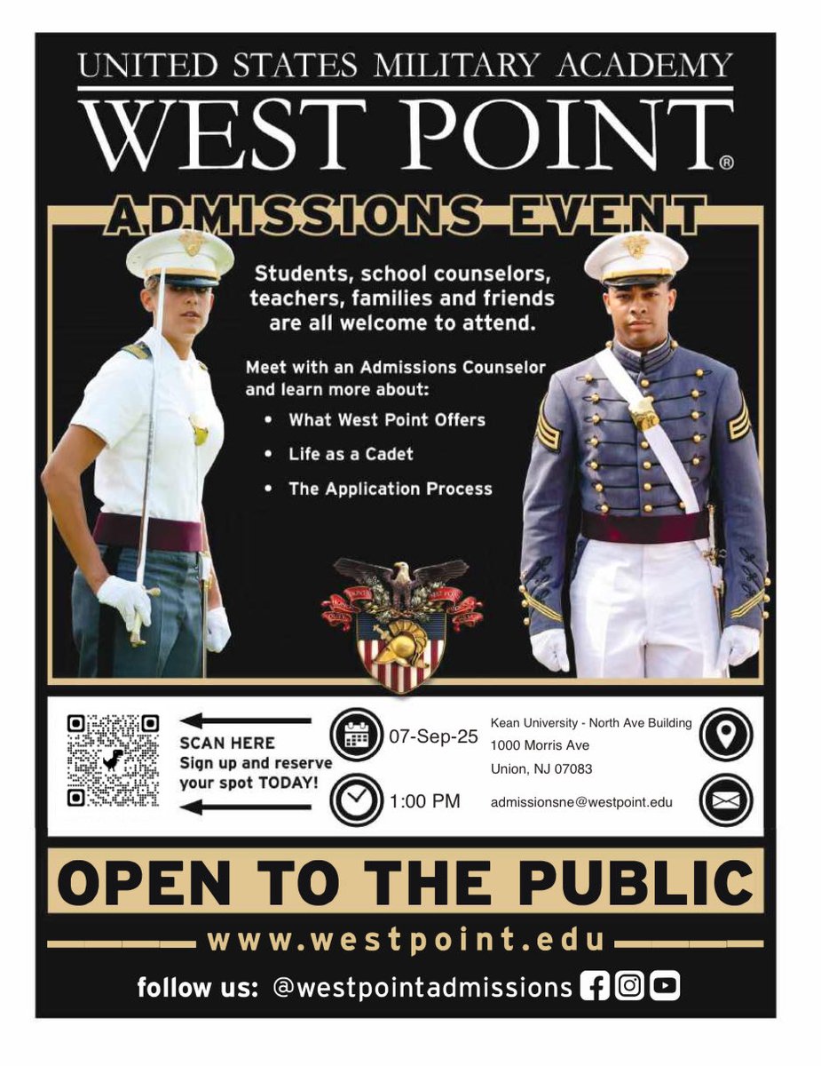 West Point Info. Session on 9/7 at Kean U. Register below ⁦<a href="/BectonHS/">Becton Regional High School</a>⁩