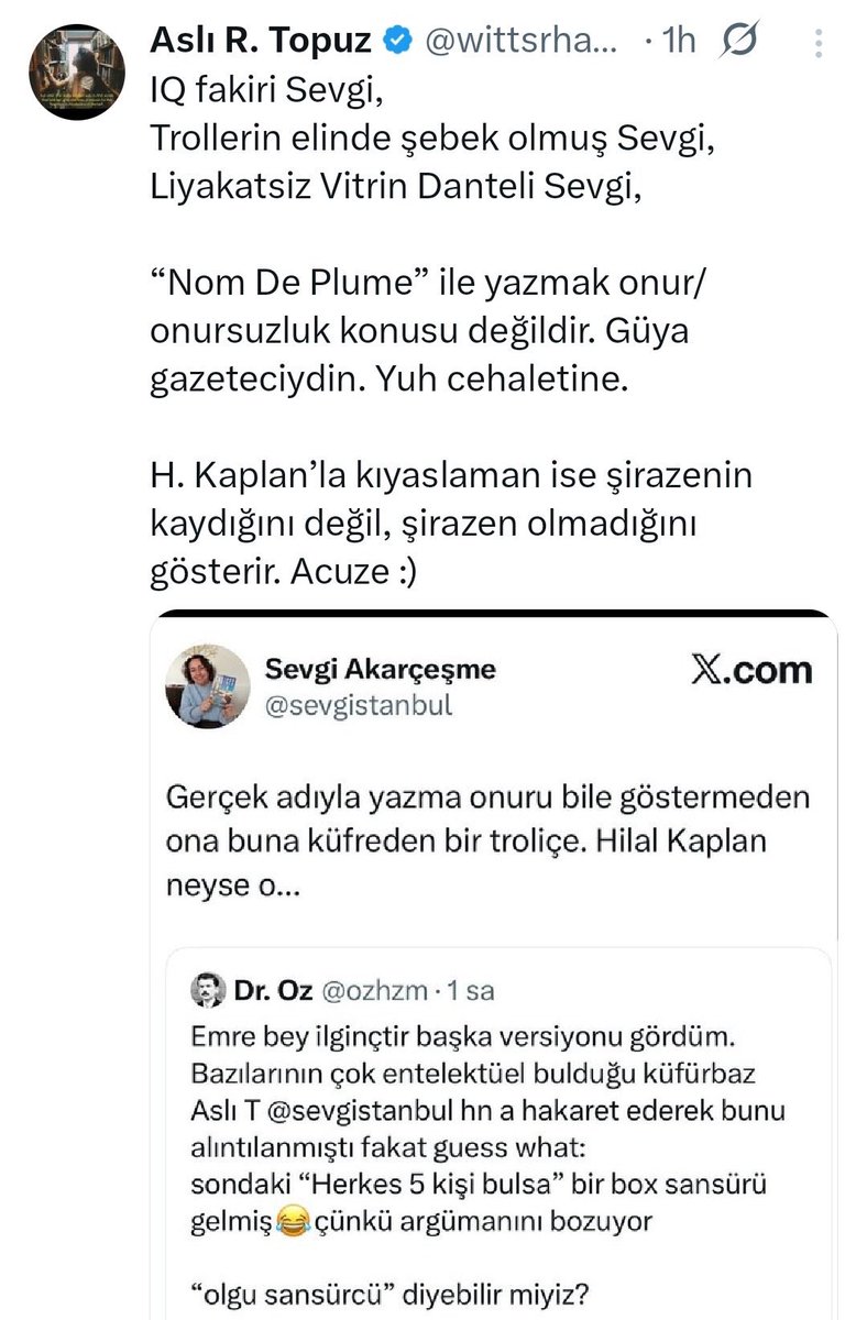 “Asla konuşturmayacaksın!”

Saçmalıkları ortaya mı çıkıyor?

“Zamanı mı?” diyeceksin. 
(İşler iyi giderken; kazanıyoruz sus, kötü giderken; zaten mazlumlar için sus!) 

“Koz verme!” diyeceksin. 

En harikası itibar suikastıdır. 

“Fitne” diyeceksin. 
“Fücur” diyeceksin.