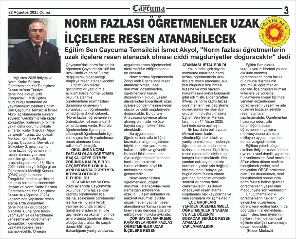 EgitimS_Caycuma's tweet photo. Eğitim Sen: "Norm kadro fazlası öğretmenlerin, özgün durumları, atanacakları yerin ikametgah adreslerine uzaklığı, ulaşım imkanları ve mazeret durumları birlikte gözetilmeden yapılan  resen atamalarında ‘kamu yararı ve birey yararı dengesi’ göz ardı edildiğinden hukuka aykırıdır" https://t.co/7AFvY2725O