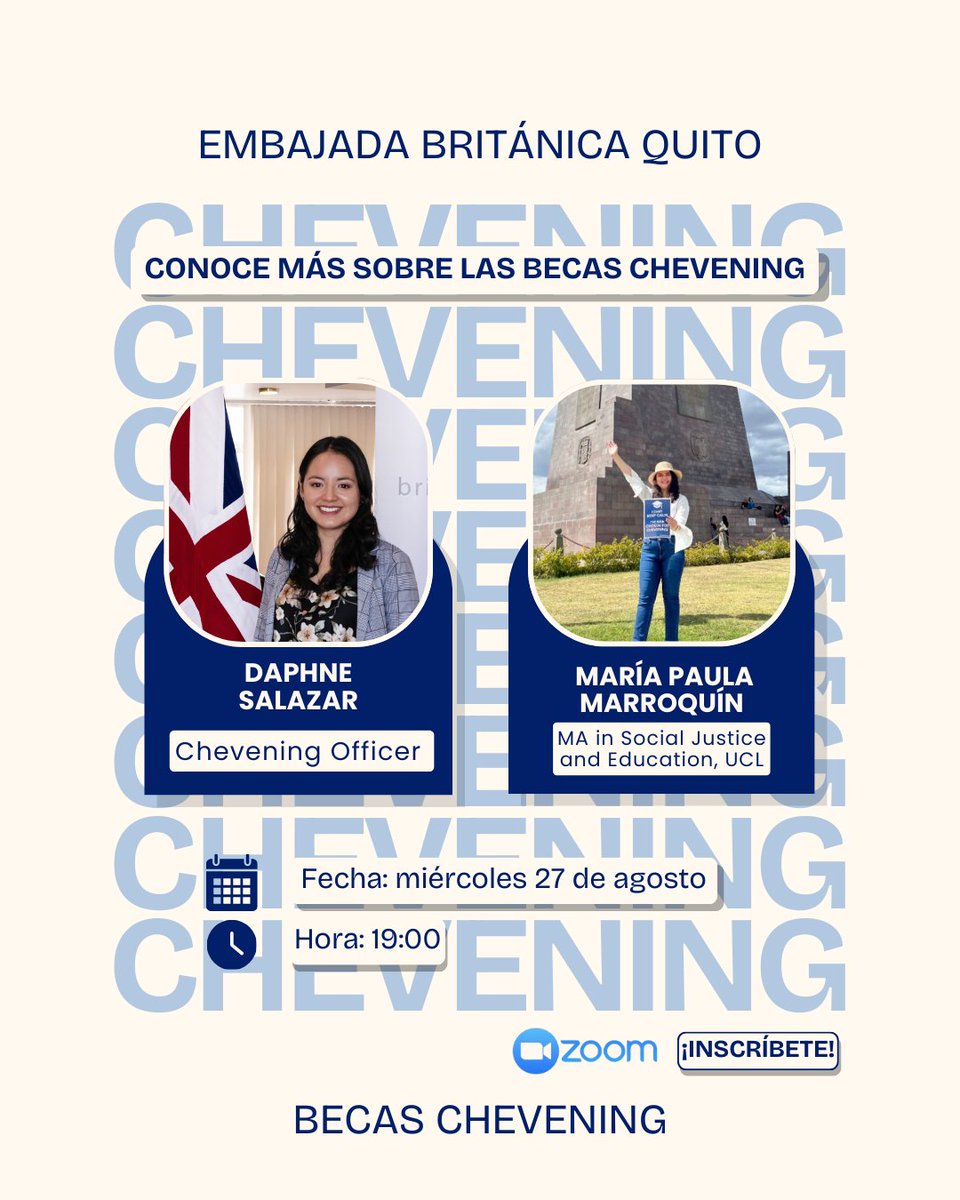 🎓¿Sueñas con estudiar en el Reino Unido con una beca completa?
Te invitamos al conversatorio virtual sobre las Becas Chevening, el prestigioso programa del gobierno británico que apoya a líderes emergentes de todo el mundo.
En esta ocasión nos acompaña María Paula Marroquín,