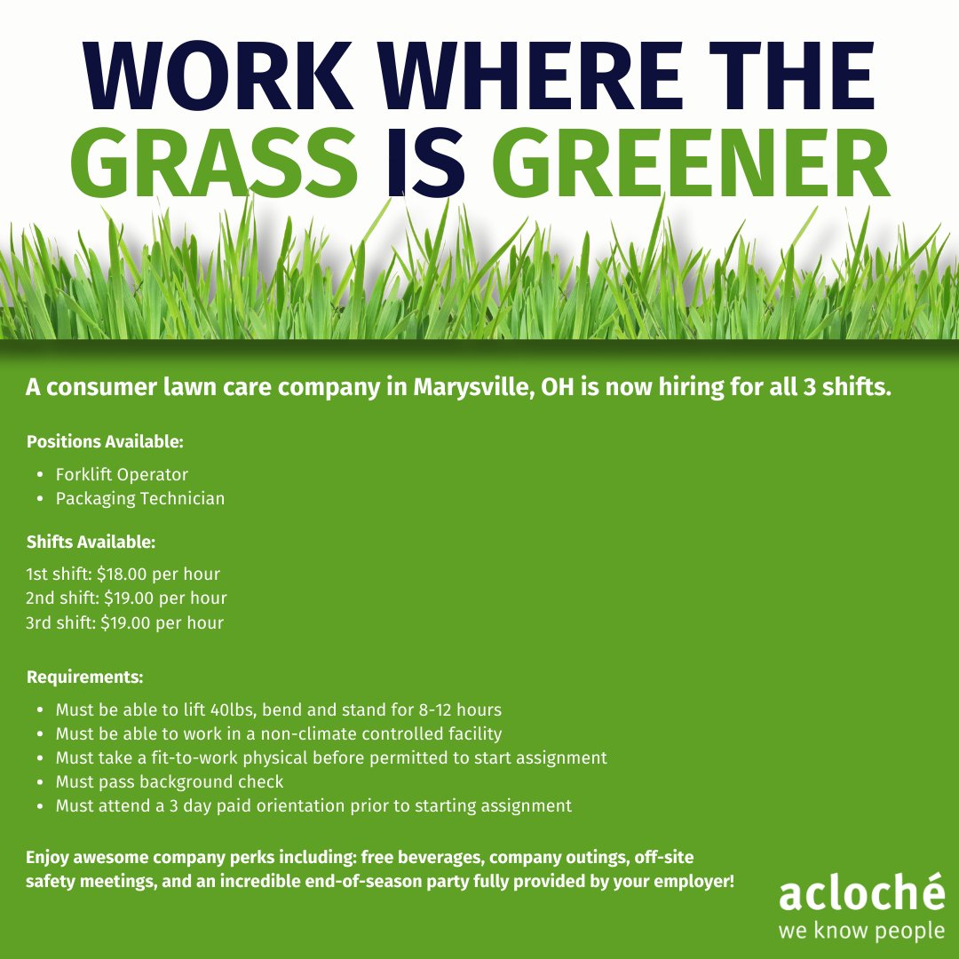 acloche's tweet image. Looking for a job in Marysville, Ohio? A consumer lawn care company in Marysville, OH is hiring for all 3 shifts. 

Think you would be a great fit? Apply now!

#weknowpeople #workforcesolutions #employers #ohiojobsearch #nowhiring #jobsohio #centralohio #marysvillesohio