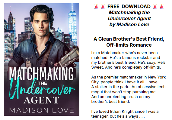 RShannonAuthor's tweet photo. ๐ฅ๐จ๐ FREE EBOOK DOWNLOAD ๐๐จ๐ฅ
Matchmaking the Undercover Agent by Madison Love
A Clean Brother's Best Friend, Off-limits Romance
https://t.co/hl44M9yxLp
#ebooksales, #ebookgiveaways, #bookpromotion, #mysterybooks, #suspensebooks, #booktok, #bookstagram, #booktube, #freeebooks, #freedownloads,
