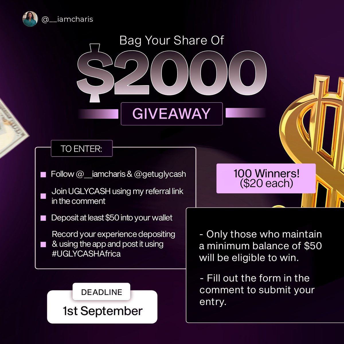NKECHI (iamcharis.base.eth) (@__iamcharis) on Twitter photo If you miss this, someone else will bag YOUR share of $2,000 (β¦3,000,000!) π«΅
I just crossed 20k+ followers and itβs only right to give back.
To enter:
β Follow <a href="/__iamcharis/">NKECHI ENEBELI βοΈOnchainFest25</a> & <a href="/getuglycash/">UGLYCASH</a>
β Join UGLYCASH using my referral link in the comment
β Deposit at least $50 into If you miss this, someone else will bag YOUR share of $2,000 (β¦3,000,000!) π«΅
I just crossed 20k+ followers and itβs only right to give back.
To enter:
β Follow <a href="/__iamcharis/">NKECHI ENEBELI βοΈOnchainFest25</a> & <a href="/getuglycash/">UGLYCASH</a>
β Join UGLYCASH using my referral link in the comment
β Deposit at least $50 into