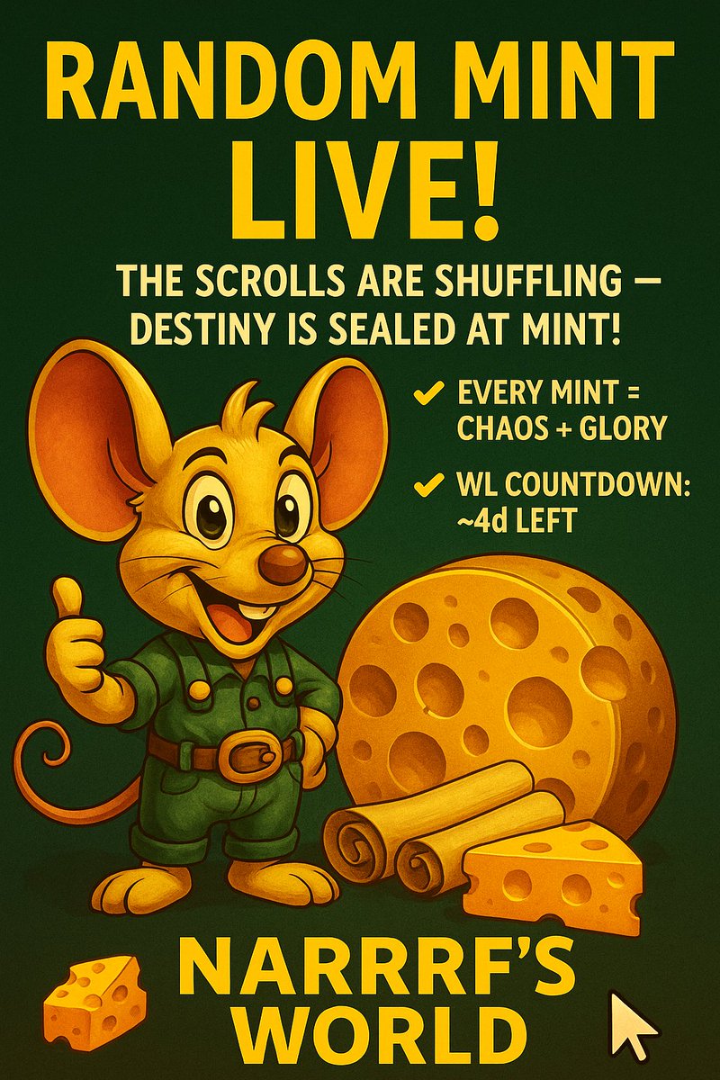 🎲✨ RANDOM MINT IS LIVE! ✨🎲

The scrolls are shuffling — destiny is sealed at mint!
Big hugs to our launchpad fam <a href="/Gensuki_/">GENSUKI</a>  💜
From today forward, all Narrrfs World Genesis mints are RANDOM! 🧀🐭

✅ Every mint = chaos + glory
✅ No number order — vault decides your fate
✅