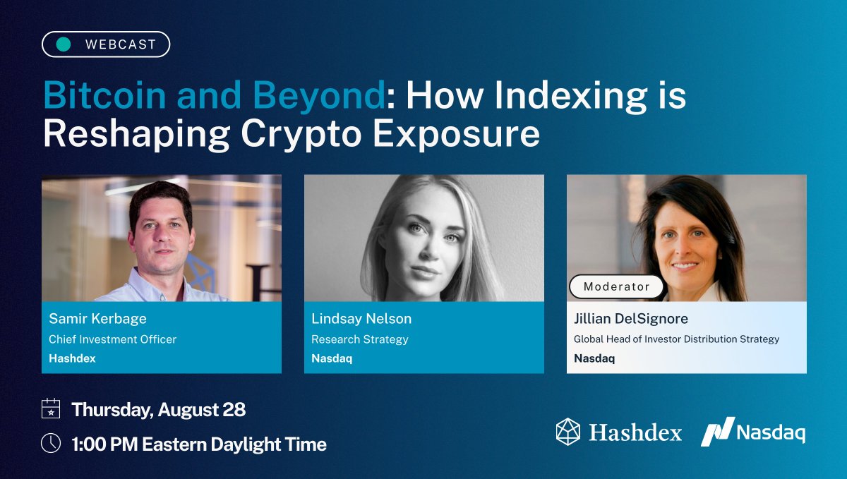 Most investors trust index ETFs with their traditional portfolios, why not  also with #crypto exposure? 🤔 This Thursday, join @Nasdaq & Hashdex as we  discuss - 🎧Bitcoin and Beyond: How Indexing is