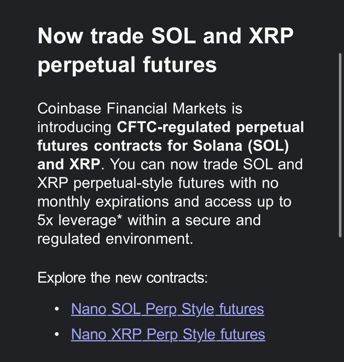 Coinbase announces $SOL and $XRP Perps live with 5x max leverage @CFTC  regulated for US users. @coinbase