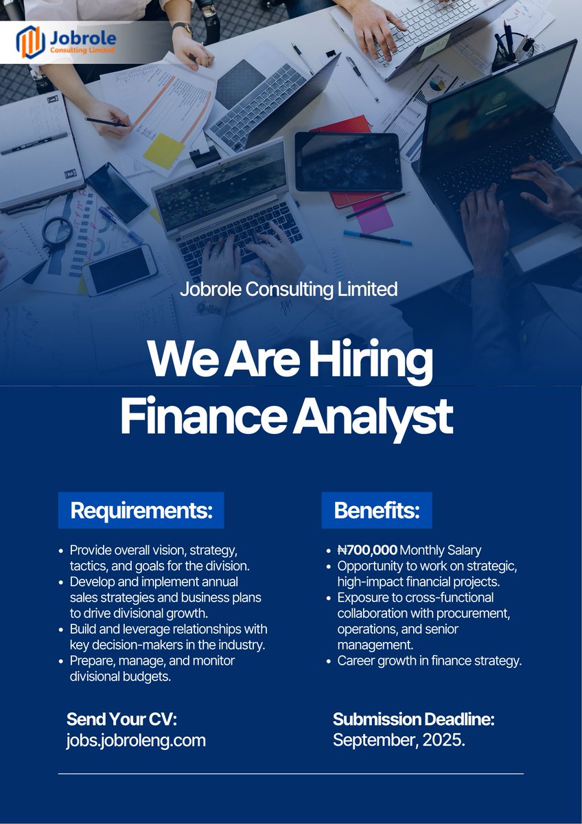 jobroleng's tweet image. 💼 We’re Hiring: Finance Analyst 💼

If you’re passionate about strategy, financial planning, and driving growth, this opportunity is for you

✅ ₦700,000 Monthly Salary
✅ Strategic, high-impact projects

Send your CV: lnkd.in/gvwgqGnB
#lekki #WeAreHiring #financeanalyst