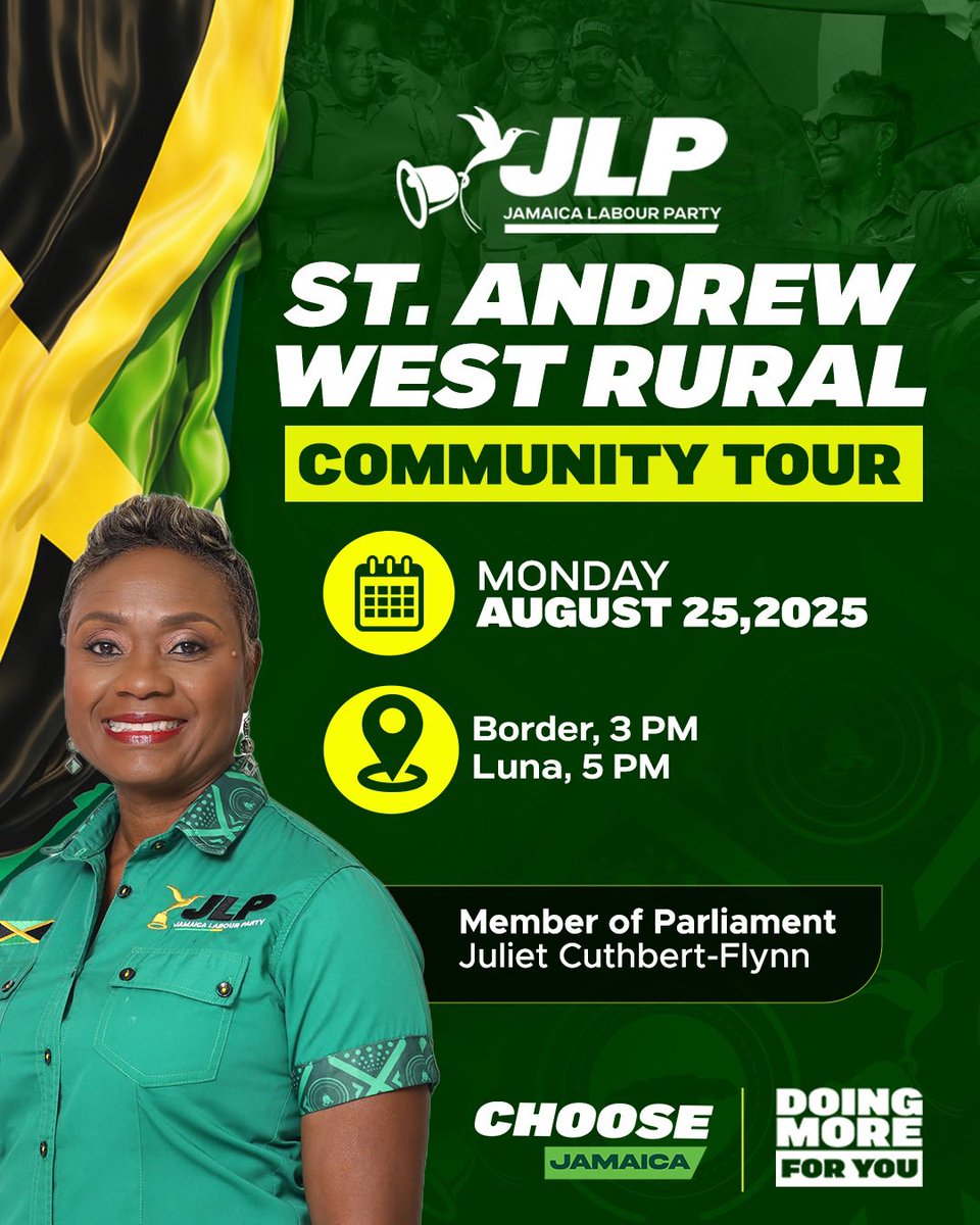 Join us today as we continue our community tours in:
📍Border
📍Luna  

Let’s keep Doing More For You—Choose Jamaica. 💚

#StAndrewWestRuralMP #WellSetWidJuliet #BuildingYourWestRural