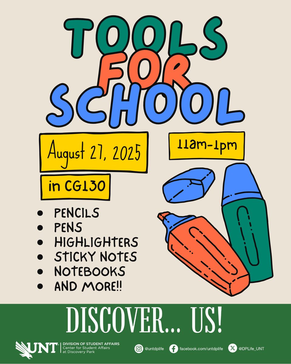 We are always here to support you, and this semester is no different! Stop by and grab some Tools for School to go into the fall semester prepared to tackle all your classes!  

📅 August 27
⏰ 11am-1pm
📍 CG130

#UNT #UniversityofNorthTexas #DiscoveryPark