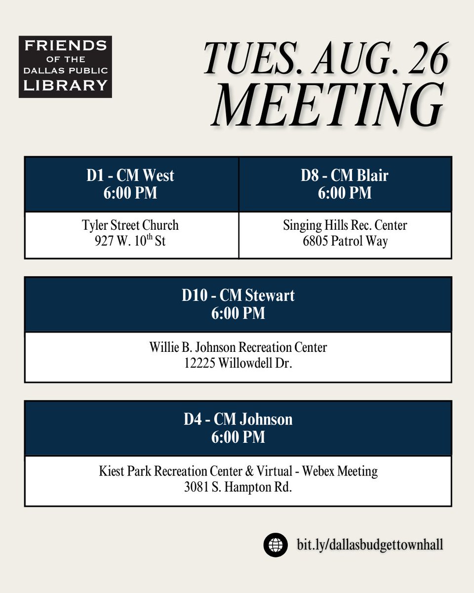 FODPL's tweet image. 📢 Last week of Budget Town Hall Meetings!
Show up, wear your red Support Dallas Libraries shirt ❤️📚, and speak out for library funding.

🗓 Check the schedule &amp;amp; make your voice heard! #DallasLibraries #StopTheCuts