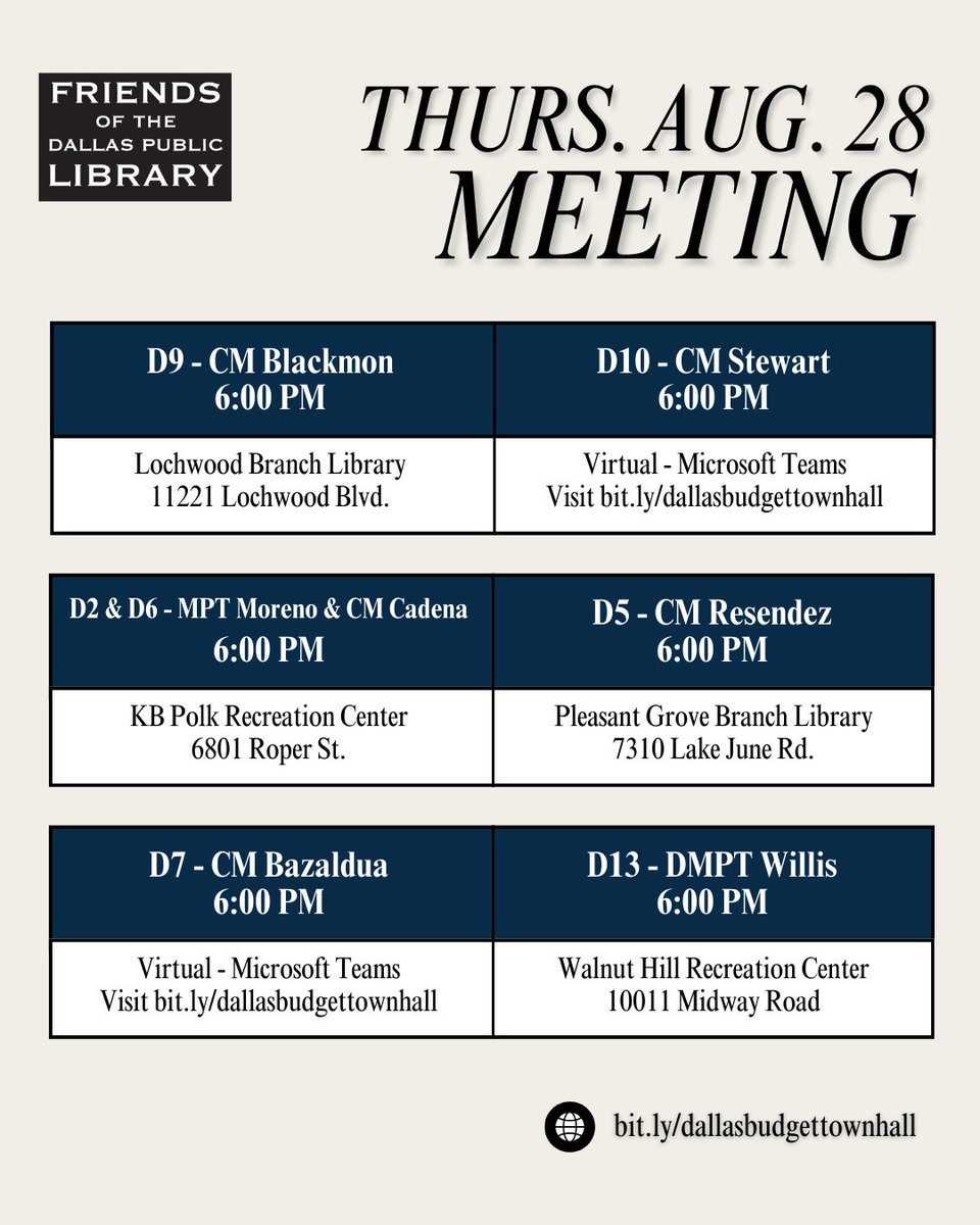 FODPL's tweet image. 📢 Last week of Budget Town Hall Meetings!
Show up, wear your red Support Dallas Libraries shirt ❤️📚, and speak out for library funding.

🗓 Check the schedule &amp;amp; make your voice heard! #DallasLibraries #StopTheCuts