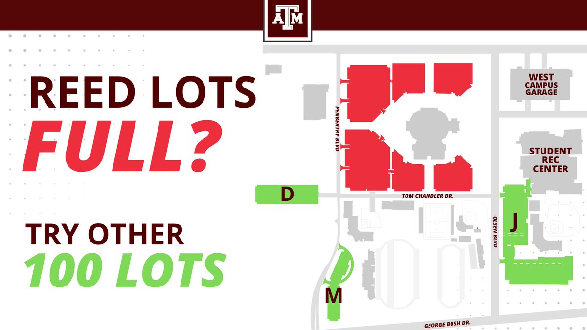 Happy first day of classes, Ags!👍📓

If you're trying to park on campus around lot 100, don't forget you have options! Lot 100 d, m, &amp; j are open to park in, as well as the other Any Valid Permit lots found here:
transport.tamu.edu/avpmap