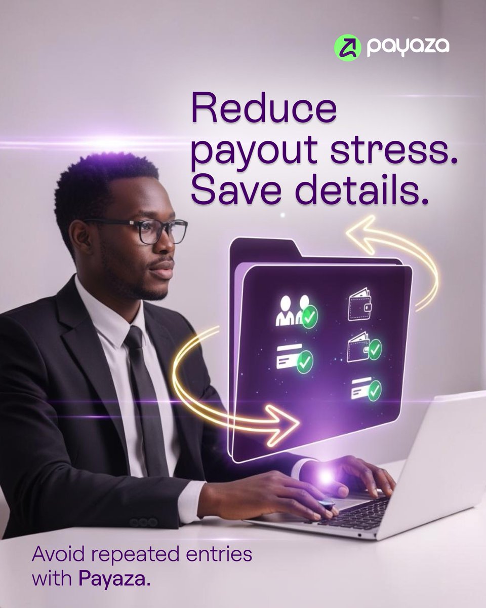 PayazaGhana's tweet photo. No more typing the same details over and over. 

Save them once and avoid the stress of repeated entries. 

Payaza makes every payout faster, easier, and lighter.

#Payaza #EasyPayouts #Beneficiaries #PaySmart https://t.co/9sFOaHlqSa