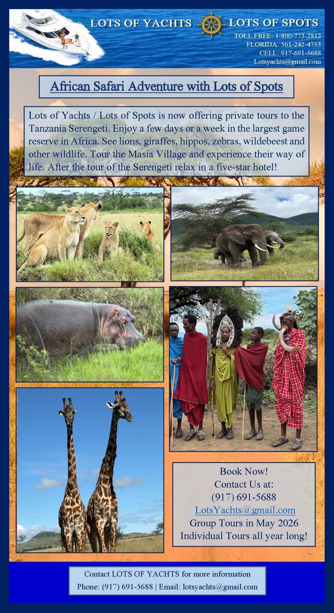 LotsofYachts1's tweet photo. Enjoy an unforgettable safari adventure in Tanzania with Lots of Yachts / Lots of Spots. Book a private tour of the Serengeti and encounter lions, giraffes and zebras all while staying at luxury hotels!
#serengeti #safariadventure #tanzania #africa #lions #giraffes #zebras https://t.co/mF8L9Jb3DT