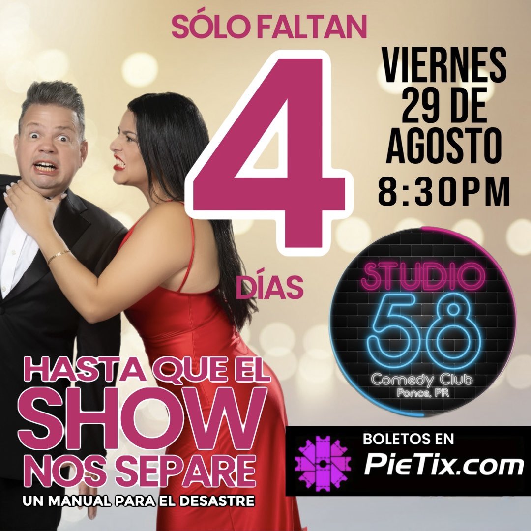 Faltan 4 Dias para reír con nosotros..No te lo pierdas!!

HASTA QUE EL SHOW NOS SEPARE

✅Sábado 29 agosto - 8:30pm
Studio58 - Ponce

Boletos en Pietix.com

SOLO PARA ADULTOS