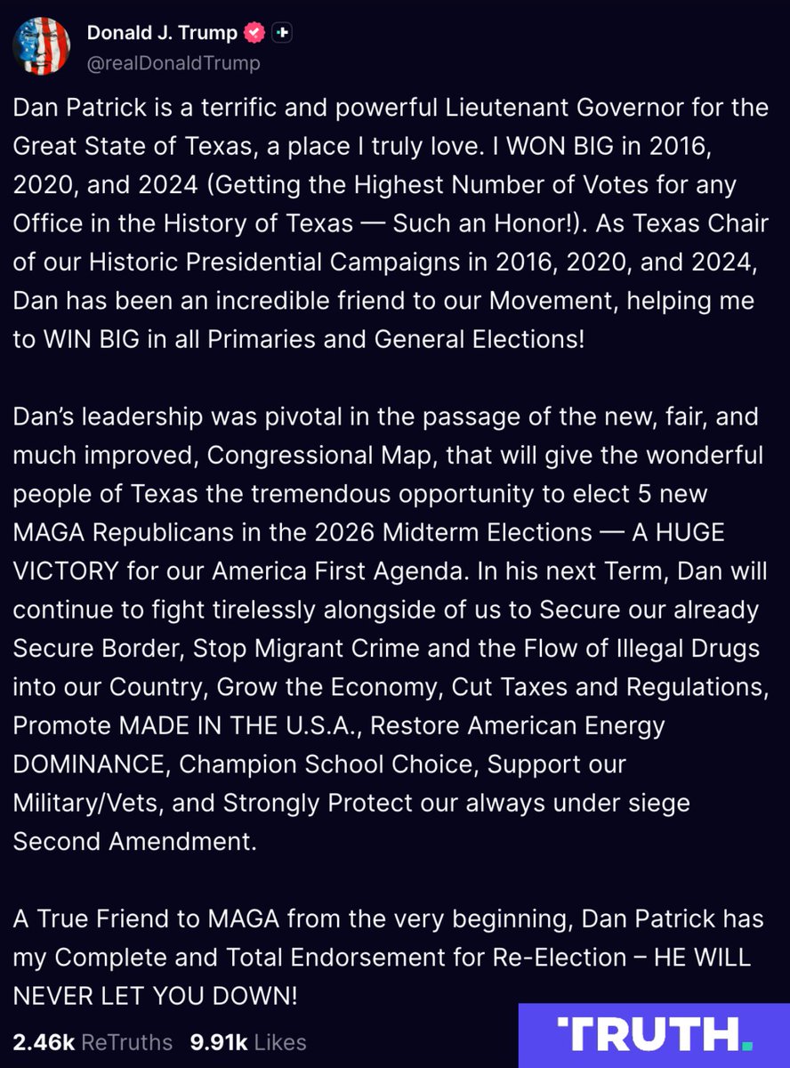 Dan Patrick (@danpatrick) on Twitter photo πππππ: My very good friend, President <a href="/realDonaldTrump/">Donald J. Trump</a>, gave me his full endorsement for Lt. Governor of Texas. πππππ: My very good friend, President <a href="/realDonaldTrump/">Donald J. Trump</a>, gave me his full endorsement for Lt. Governor of Texas.
