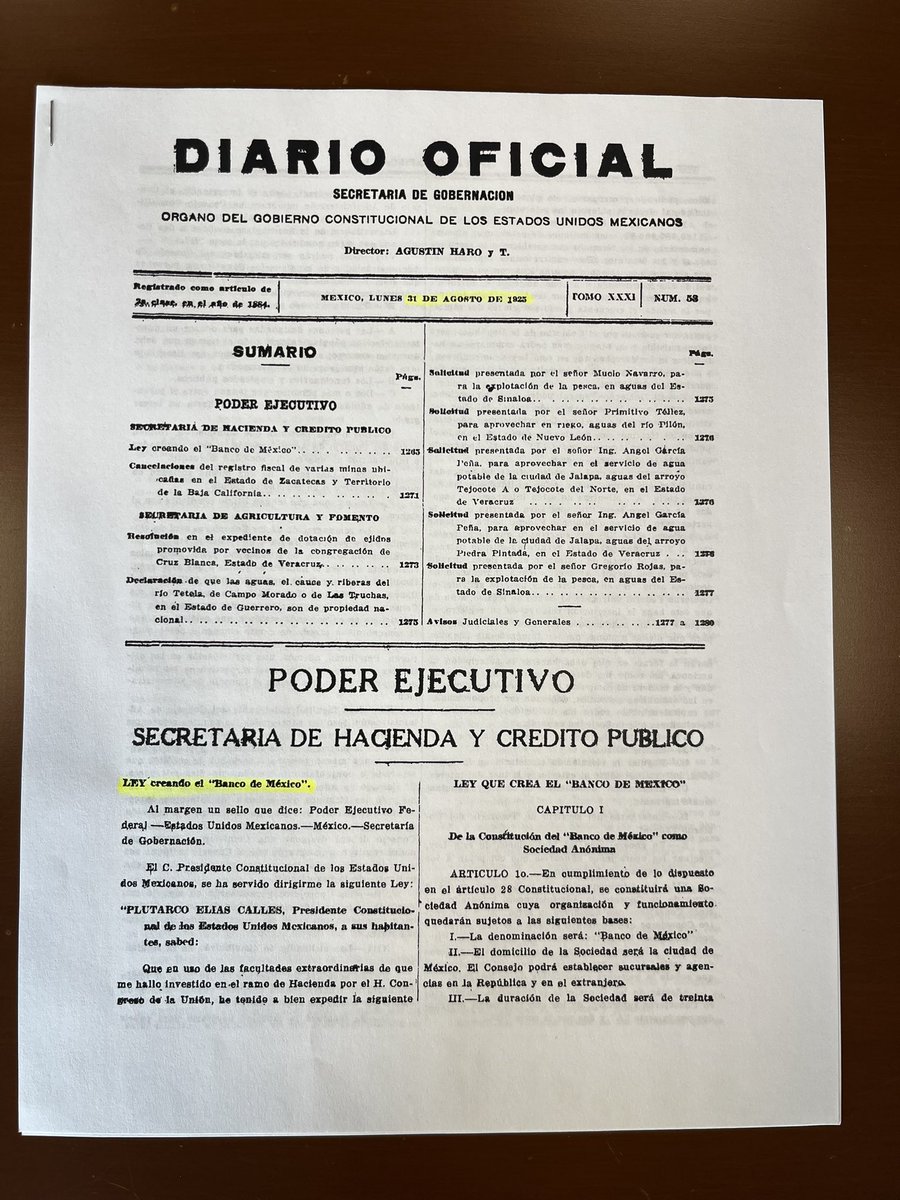 Hace 100 años se creó al <a href="/Banxico/">Banco de México</a>, el banco central de 🇲🇽. Cuando los bancos comerciales tenían la concesión de emitir moneda y que la gesta revolucionaria derivó en caos inflacionario, el nuevo banco único de emisión inició su labor de regular el dinero. 
#CentenarioBanxico