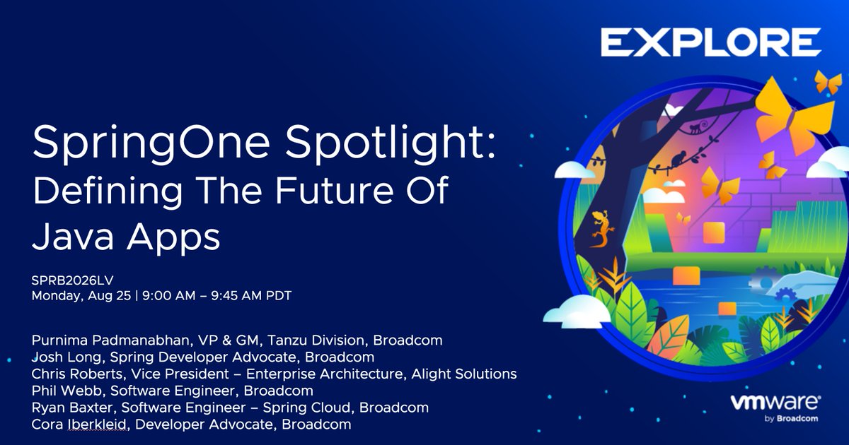 SpringOne's tweet image. Join @ppadmanabhantw, @starbuxman and other Spring experts at #VMwareExplore 2025! We&apos;re diving into the future of Java with Spring Framework 7, Spring Boot 4, and Spring AI. See you at 9:00 AM PDT! #SpringOne #Developers brcm.tech/47ETEzt
