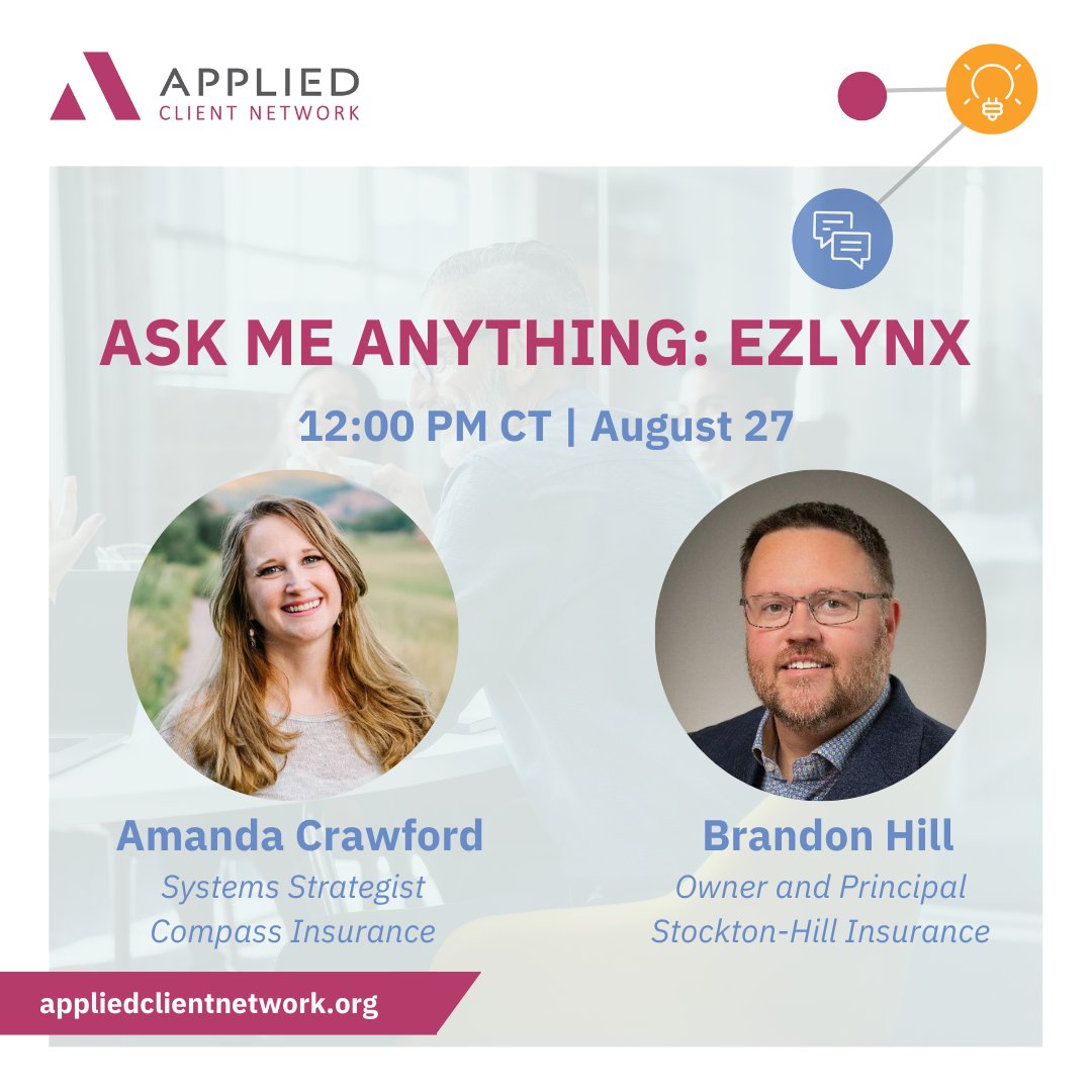 Don’t miss Wednesday’s Ask Me Anything: EZLynx on Aug. 27 at 12 p.m. CT! This live, office hours–style session is your opportunity to connect with power users Amanda Crawford and Brandon Hill and get answers to all your EZLynx questions. learning.appliedclientnetwork.org/products/ask-m…