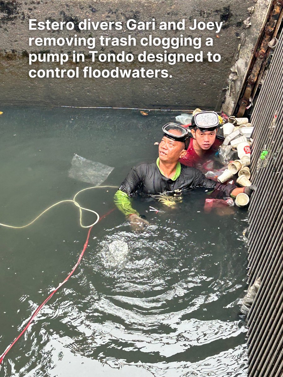 gmanews's tweet photo. When two men took anti-leptospirosis medication and plunged into a filthy estero in Tondo, it wasn’t the kind of flood control that people are angry about. In fact we should all be grateful. 

What the two MMDA divers, Gari Makiling and Joey Tisoy, do almost daily during the rainy season is arguably more vital than many flood control projects — especially the ones that remain unfinished.

Their task is deceptively simple but critical: keep Metro Manila’s vast flood control system working by diving into sludge-filled waters to extract debris lodged in the pumping machinery. 

Without their dangerous and gritty work, flooding in the metropolis would be far worse — hard as that may be to imagine.

Read the full essay: https://t.co/Rm00uyNndJ

COURTESY: Howie Severino/GMA Integrated News