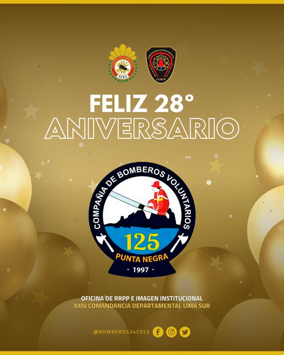 Bomberos24CDLS's tweet photo. 🎂 𝗙𝗘𝗟𝗜𝗭 𝗔𝗡𝗜𝗩𝗘𝗥𝗦𝗔𝗥𝗜𝗢 | 𝗣𝗨𝗡𝗧𝗔 𝗡𝗘𝗚𝗥𝗔 𝗕-𝟭𝟮𝟱 🔥
Saludamos a todos nuestros compañeros de la Compañía de Bomberos Punta Negra N° 125  por su 28° aniversario de vida institucional al servicio de la comunidad. Sigamos sirviendo en excelencia 🚒 https://t.co/rygrNJZzn2