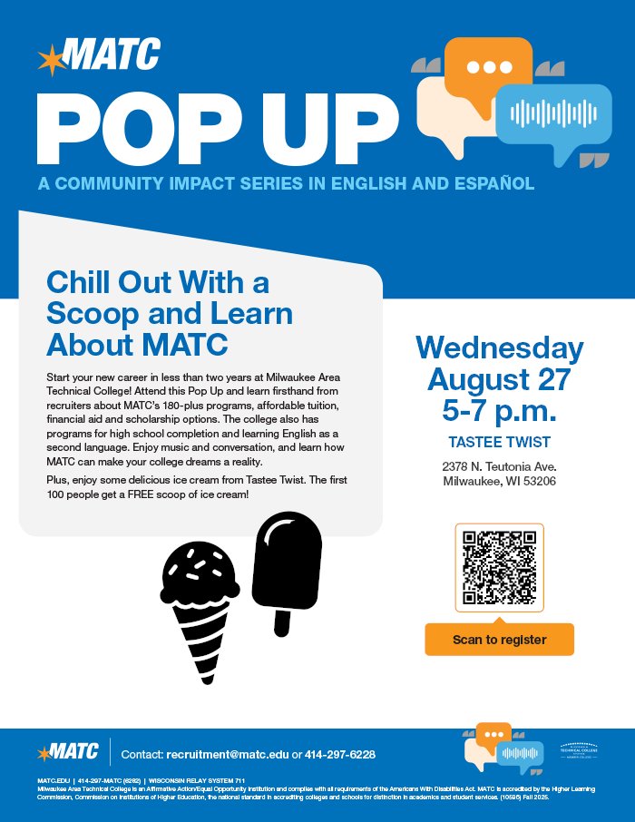 Start your new career in less than two years at MATC! Our next Pop Up event is this Wednesday from 5-7 p.m. Learn about 180+ programs, affordable tuition, financial aid and scholarship options!

📍 Tastee Twist, 2378 N. Teutonia Ave.
🔗matc.elluciancrmrecruit.com/Apply/Events/E…