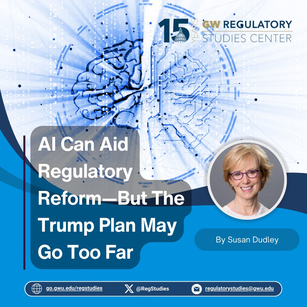 In her latest <a href="/Forbes/">Forbes</a> column, Prof. <a href="/SusanEDudley/">Susan Dudley</a> argues <a href="/DOGE/">Department of Government Efficiency</a>'s AI-powered deregulatory plan can jumpstart cutting of red tape. But to withstand legal scrutiny it needs more procedural rigor and solid analysis &amp; justification.
forbes.com/sites/susandud…