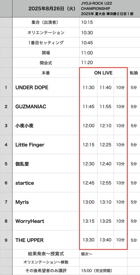 【JYOJI-ROCK】

📍吉祥寺RockJoint GB
⏰11:30~11:40⏰

明日です！
準決勝トッパーぶち上げるので是非来てください！！
来てくださる方はこのアカウントにDMいただけると助かります！