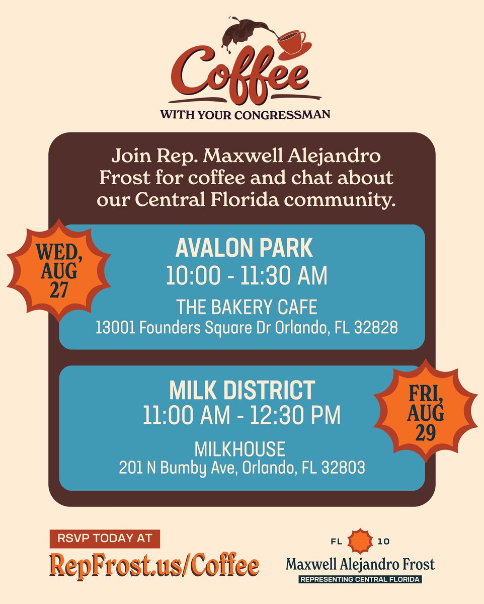 🗣️ I’m hosting two Coffee with Your Congressman events in Avalon Park and in the Milk District this week! Join me for a cup of coffee, share your concerns, and get the latest updates on what’s going on in D.C.

☕️ RSVP at RepFrost.us/Coffee