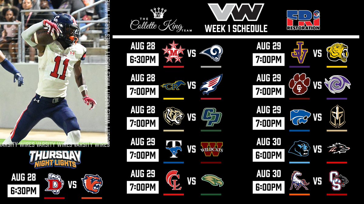 GAME WEEK IS HERE!

Here's the full slate of Week 1 matchups (so many, our graphic is about to explode).

varsitywires.com