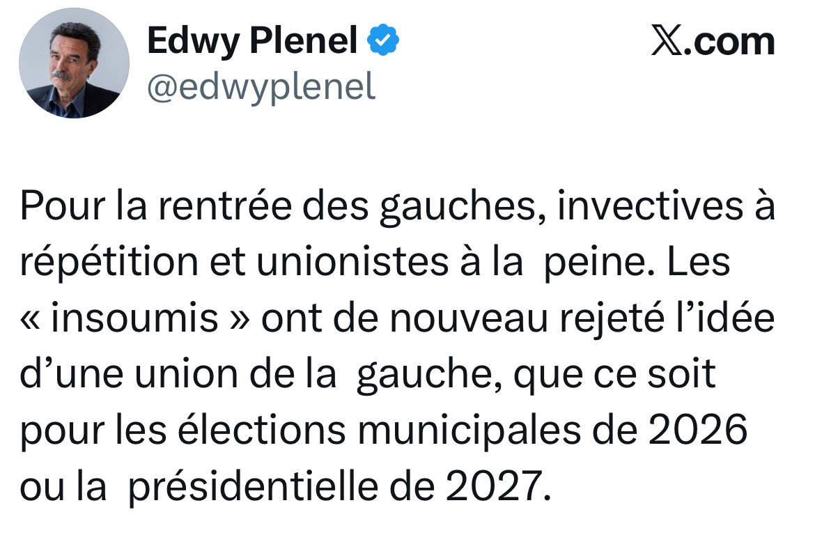 Texte d’orientation LFI : pour les municipales, « nous proposerons un accord national au NFP. Dans tous les cas, nous travaillerons où c’est possible à des accords locaux »

Tweet de Plenel : pour les municipales, « LFI rejette de nouveau l’idée d’une union de la gauche »

🤷🏻‍♂️